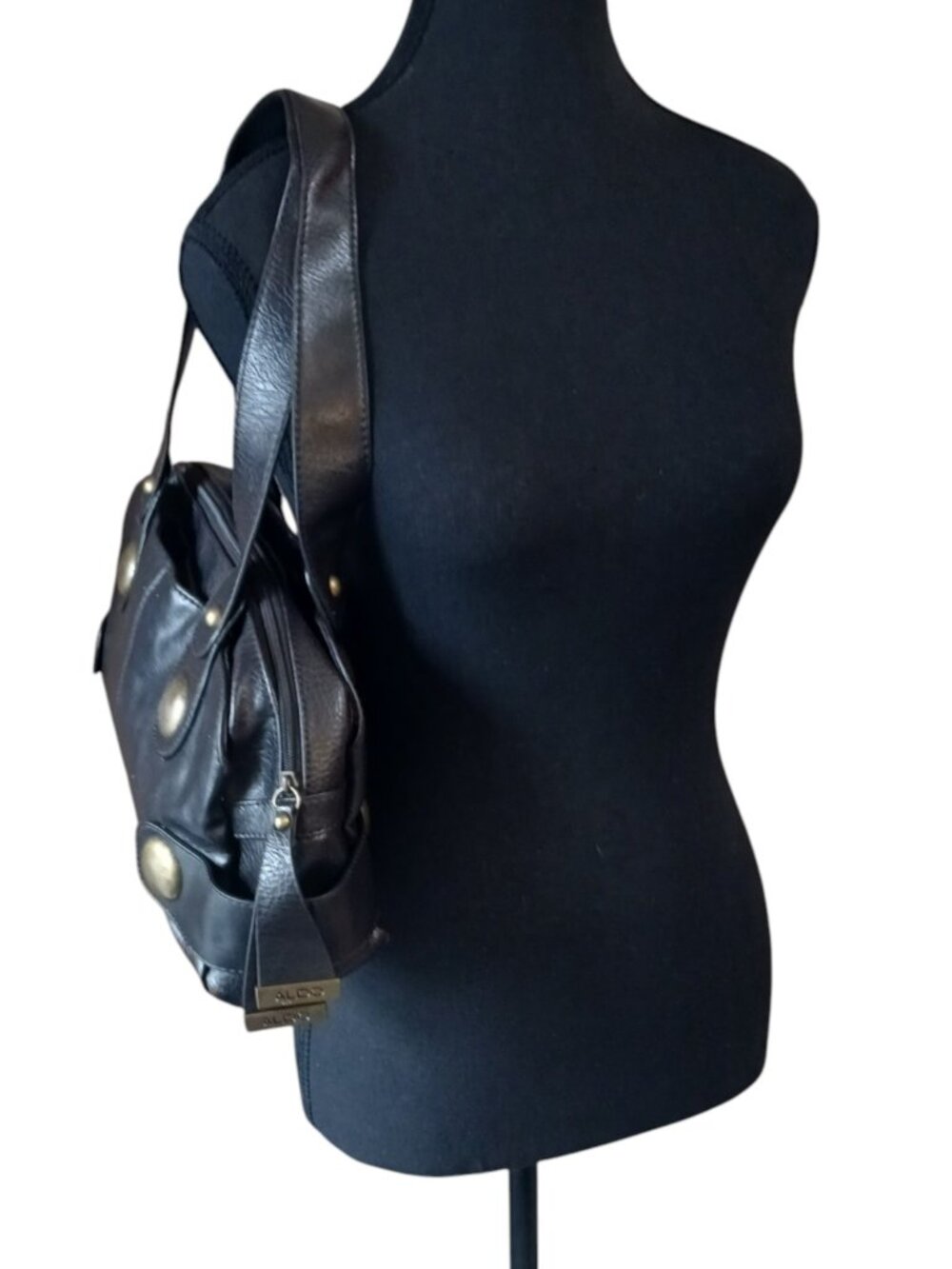 Aldo Black Leather Shoulder Bag with Brass-Tone Studs - Picture 6 of 13